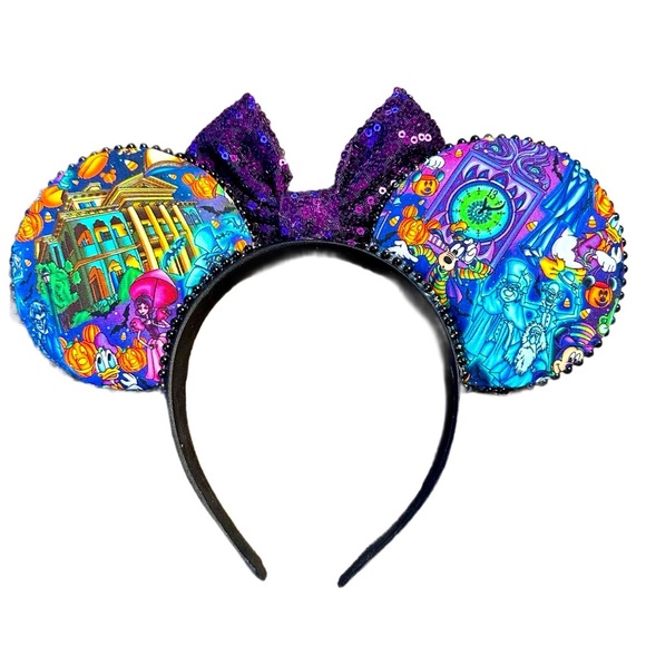 Women’s Handmade Disney Inspired Halloween Themed Purple Sequin Bow Mouse Ears - Picture 4 of 6